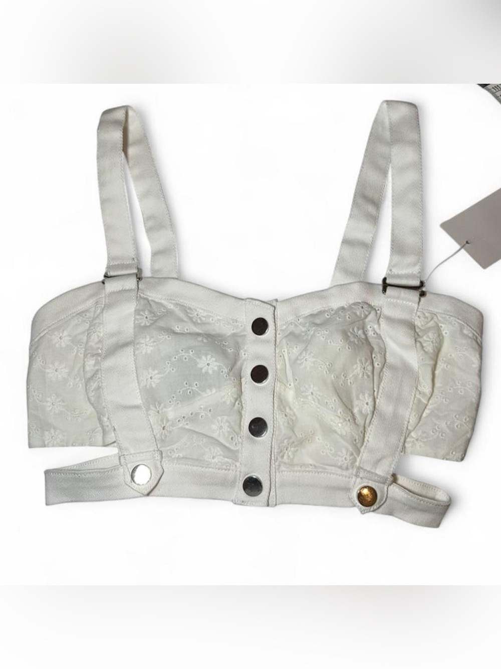 NWT For Love & Lemons Skivvies White Cotton Eyelet Button Crop Top Boho Rave